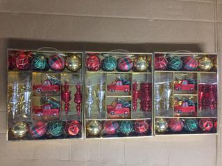 (3) 18pc Shatter Resistant Ornaments, Red/Green/Gold/Silver.