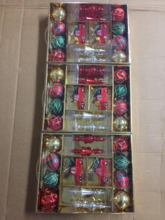 (3) 14pc Shatter Resistant Ornaments, Brown/Red/Green/Gold.