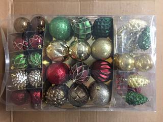 66pc Shatter Resistant Ornaments, Red/Gold/Green/Bronze.