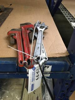 (2) Pipe Wrenches, (2) Cresent Wrenches.