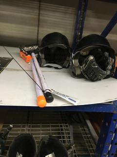 (2) Lacross Sticks, (2) Baseball Helmet, w/Left handed Ball Glove, Baseball & Synthetic Ice Pad (Simulates Real Ice).