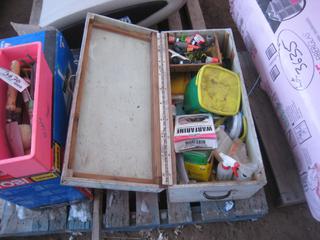 Tool Box c/w Garden Tools & Box w/Garden Hardware, Chemicals & Tools.