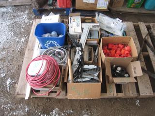 Pallet of Misc. Construction Hardware, Bathroom Fan, Brackets, Light bulbs, Saw, Drawer Slides, & Electrical/Plumbing Hardware.