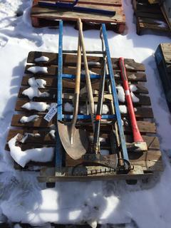 Yard Tools Axes, Rake, Shovel, & Industrial Dolly.