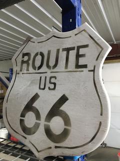 Wooden Route 66 Sign w/ Small Blue Pan.