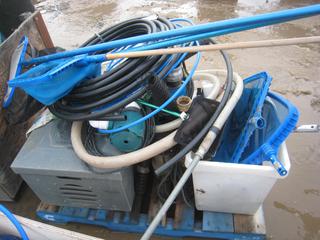 Quantity of Pool/Pond Supplies. Includes Nets, Submersible Pumps, Heater, PVC Line, UFA 12% Sodium Hydrochloride.