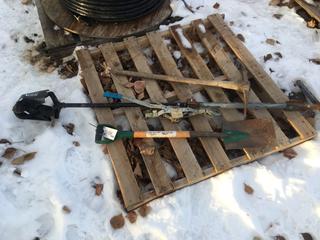 Yard Tools, Shovel, Pick, Comalong & Post Hole Auger.