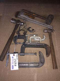 Quantity of C-Clamps, Hammers and Pipe Wrench.