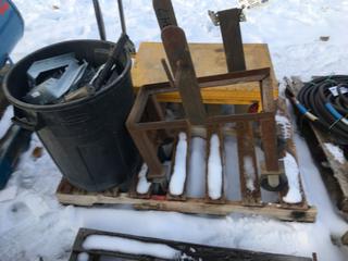 Welder Stand & Pail of Joist Hangers.