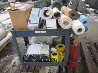 Rolling Cart With Box of Hilti Screws, Concrete Sprayer, Poly, Bath Waste Kits, & Shelving Mounts.