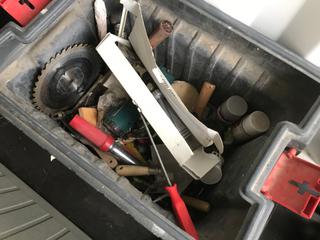 Container w/ Hand Tools, Flashlights, Saw Blade.