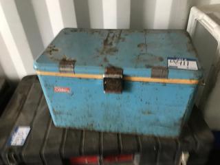 Coleman Cooler w/ Miscellaneous Hardware, Casters, Caulking Gun.