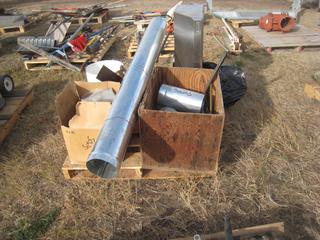 Pallet c/o Wood Stove, Box of Screws  & Nails, Pails of Hardware Tools,  & Box w/Squares, Galvanized Ducting Parts.