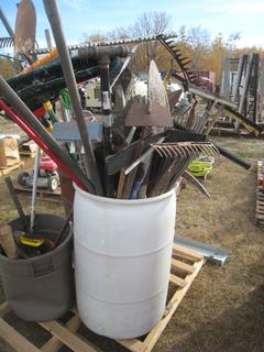 Miscellaneous Tools In 50 Gal Drum ,Racks, Brooms & Shovels.