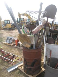 Miscellaneous Tools In Metal Drum c/w Shovels & Pick.