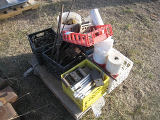 Pallet of Miscellaneous Metal, Plastic Wrap Rolls, Metal Softeners & Pin Clips.