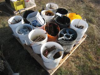 Pallet of Miscellaneous Pails w/Rebar, Metal Shims, Cable Clips & Ready Rod.