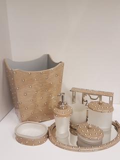 Taupe Enameled with Cream Pearl & Italian Glass Vanity Set (8 Piece) Waste (9"W x 7"L x 11"H); Pump (7.5"H); Cup (3.5"H); Lidded Container (5"H); Lidded Container (3"H); Soap Dish (5.25"W x 4"L x 2"H); Towelette Holder (8"W x 4.75"L x 2"H); Mirrored Tray (9"W x 11"L)
