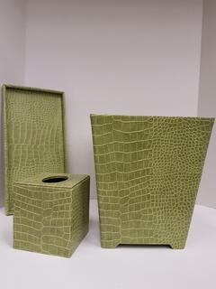 Light Green Stamped Crocodile/Snake Leather Vanity Set (3 Piece) Waste (10"W x 10"D x 11"H); Tissue (5"W x 5"D x 6"H); Tray (8"W x 15"L x 1"H)