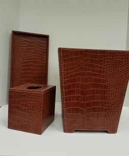 Rust Brown Stamped Crocodile/Snake Leather Vanity Set (3 Piece) Waste (10"W x 10"D x 11"H); Tissue (5"W x 5"D x 6"H); Tray (8"W x 15"L x 1"H)