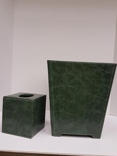 Dark Green Stamped Crocodile Leather Vanity Set (2 Piece) Trash (10"W x 10"D x 11"H); Tissue (5"W x 5"D x 6"H)