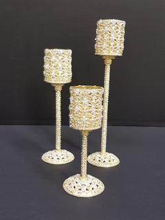 Swarovski Crystal Floral Cut Gold Candle Holders (3 Piece) (2"R x 6.25"H, 2"R x 8.25"H, 2"R x 10.25"H)