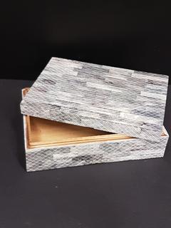 Inlaid Horn & Wood Blue & Grey Box (7"W x 10"L x 3"H)