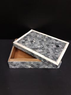 Inlaid Horn & Wood Blue & Grey Woven Pattern with Cream Border Box (7"W x 10"L x 3"H)