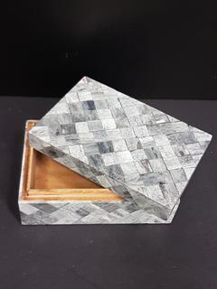 Inlaid Horn & Wood Blue & Grey Woven Pattern Box (6"W x 4"L x 2.5"H)