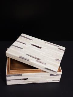 Inlaid Horn & Wood Cream & Grey Striped Pattern Box (6"W x 4"L x 2.5"H)