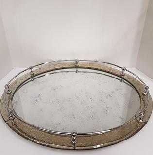 Beveled Etched Mirrored Glass Footed with Chrome Rail Oval Tray (21.5"W x 16.5"L x 3"H)