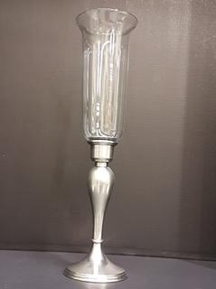 Italian Handblown Crystal Glass Hurricane with Stamped Pewter Pedestal Base (12"R x 19"H)