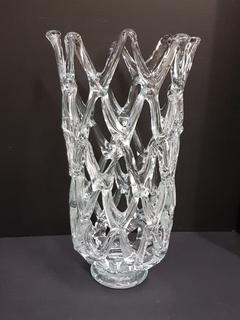 Polish Handblown Fused Crystal Glass Open Lattice Woven Vase (10"R x 19"H)