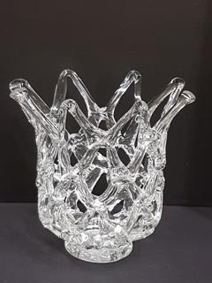 Polish Handblown Fused Crystal Glass Open Lattice Woven Vase (10"R x 11"H)