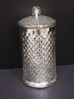 French Mercury Molded Glass Cross Hatched Lidded Canister (6"R x 13"H)