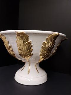 Italian Hand Thrown Ceramic Pedestal Bowl Cream with 24 KT Gold Accent Acanthus Leaf Detail (17"R x 11"H)