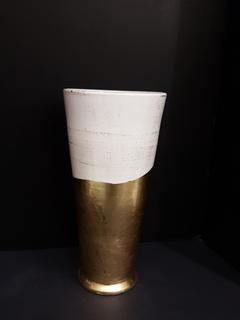Italian Hand Thrown Ceramic Vase Cream with 24 KT Gold Leaf (8"R x 16"H)