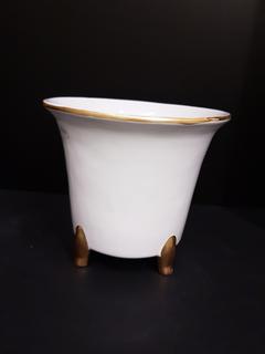 Portuguese Hand Thrown Footed Cache Pot with 24 KT Gold Detail (8.75"R x 7.75"H)