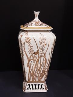 Asian Crackled Porcelain Urn with Gold & Copper Butterfly and Organic Detail (5.75"W x 4.5"D x 14"H)