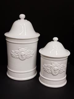 Italian Hand Thrown High Gloss White Porcelain with Goddess Detail Lidded Canister (2 Piece) (Large 10"R x 17"H) (Small 8"R x 12"H)