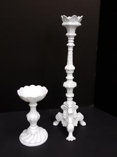 Italian Hand Thrown High Gloss White Porcelain Candlesticks (2 Piece) (Large 6"W x 20"H) (Small 4.75"W x 8.5"H)