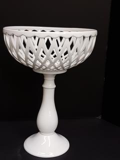 "Italian Hand Thrown High Gloss White Porcelain Basket weave Pedestal Bowl (12.5"W x 17.25"H)
