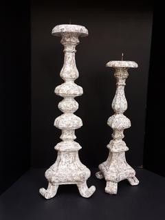 French Carved Wood with Plaster Relief Candle Pillar (2 Piece) (Large 9.5"W x 28"H) (Small 8.5"W x 23"H)