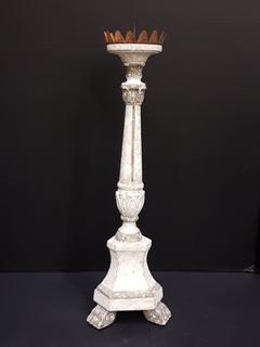 French Carved Wood with Plaster Relief Candle Pillar with Antique Cut Metal Drip Holder (7"W x 21"H)