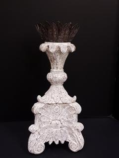 French Carved Wood with Plaster Relief Candle Pillar with Antique Cut Metal Drip Holder (8"W x 18"H)