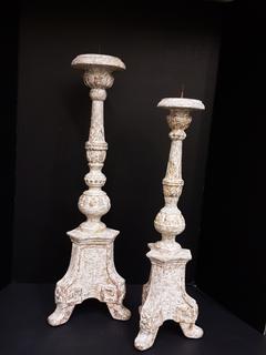 French Carved Wood with Gold Leaf on Plaster Relief Candle Pillar (2 Piece) (Large 9"W x 28"H) (Small 8"W x 24"H)