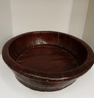 Vintage Chinese Barrel Wooden Bowl with Copper Metal Strapping (21.5"R x 6"H)