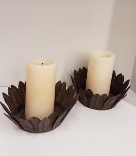 Hand Cut Laurel Leaf Design Rustic Metal Candle Drip Holders (2 Piece) (9.5"W x 3.5"H)