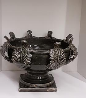 Italian Hand Thrown Charcoal Pottery Pedestal Bowl with Acanthus Leaf Open Detail (20"R x 13.5"H)