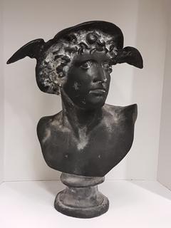 Hand Cast Forged Black Metal Bust of Greek God Hermes - Greek God of Travel, Luck and Commerce (21"W x 13"D x 23.5"H)